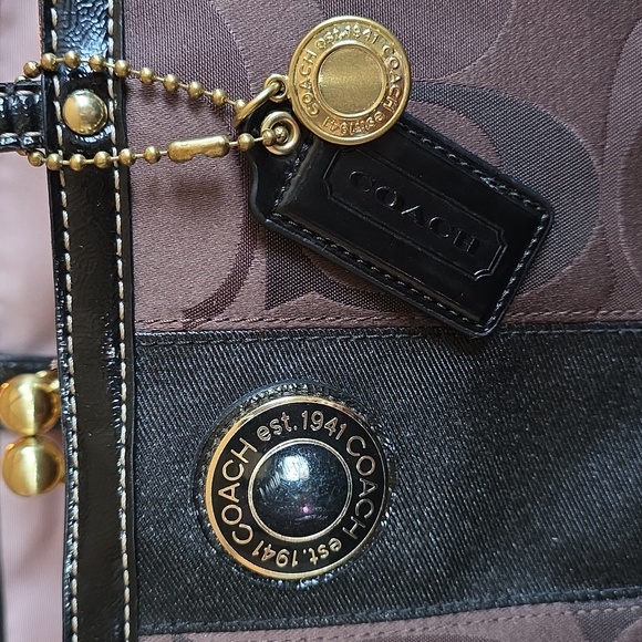Coach Signature Brown Stripe Kisslock  Framed Tote Bag 💋 W/Medallion! 2012 - Picture 3 of 16